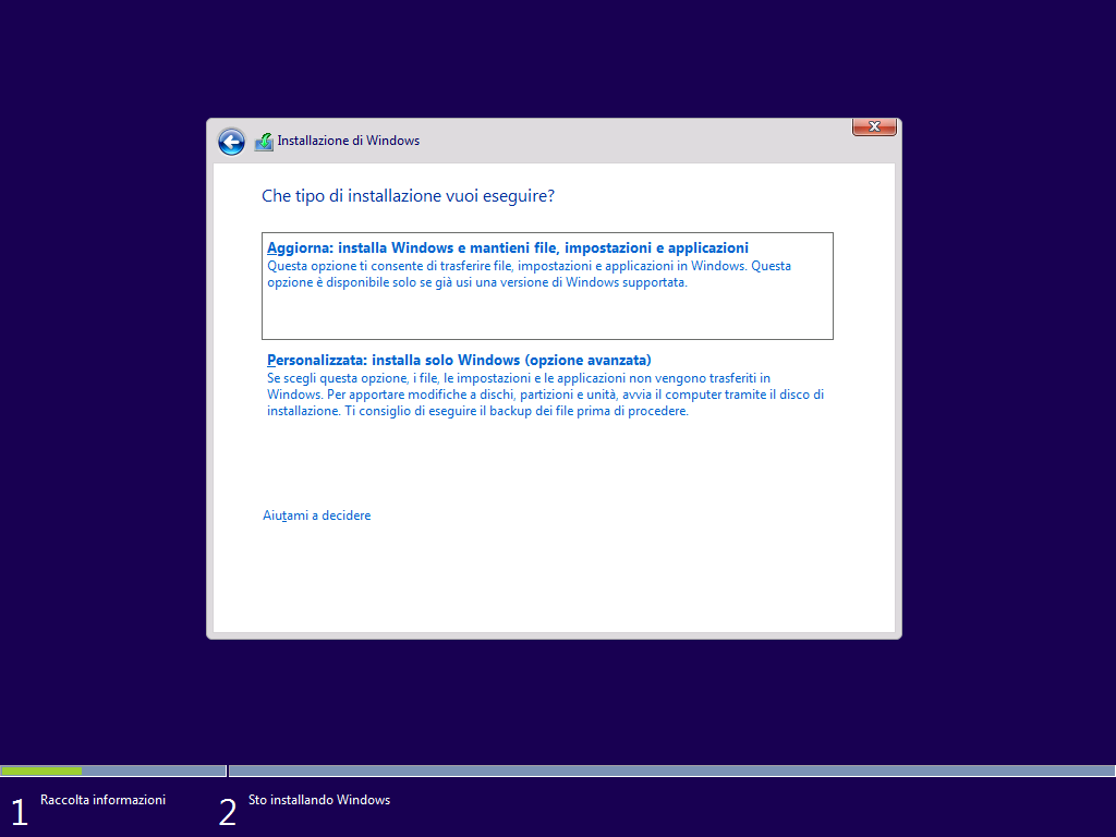 installazione personalizzata Windows 10